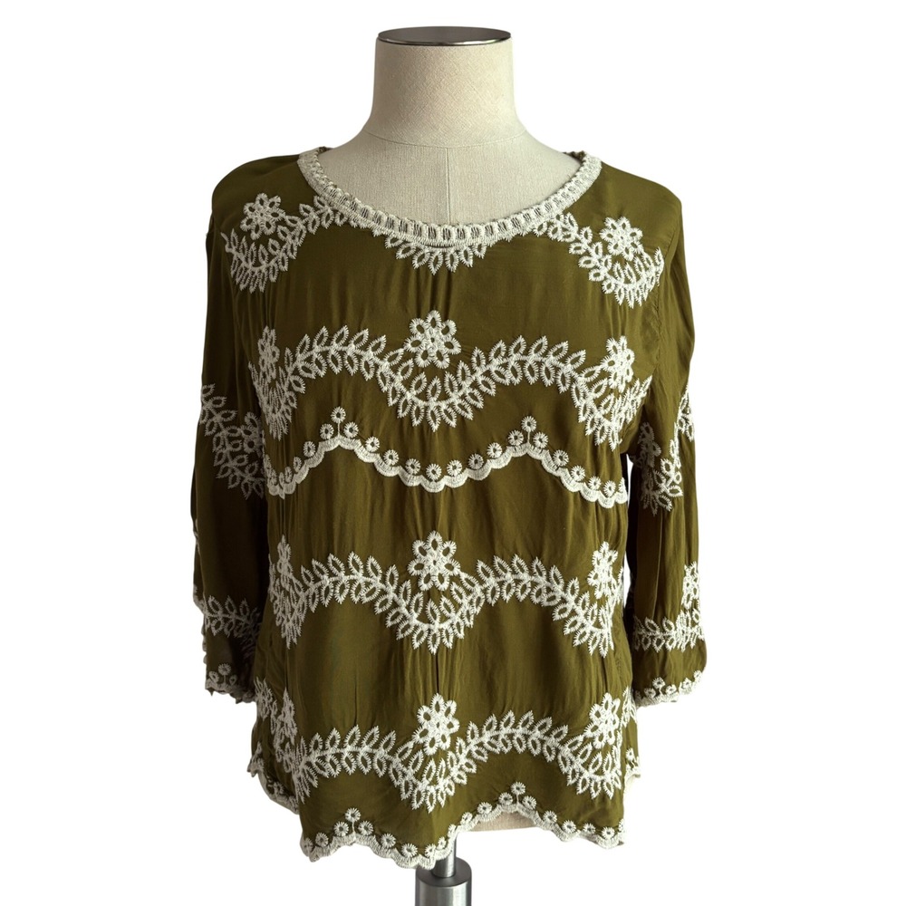 Solitaire Women's XL Olive Green Embroidered Blouse Boho Cottagecore Floral